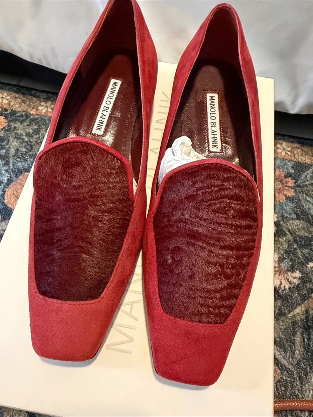 Manolo Blahnik Red Artura Suede Calf Hair Loafers NWB